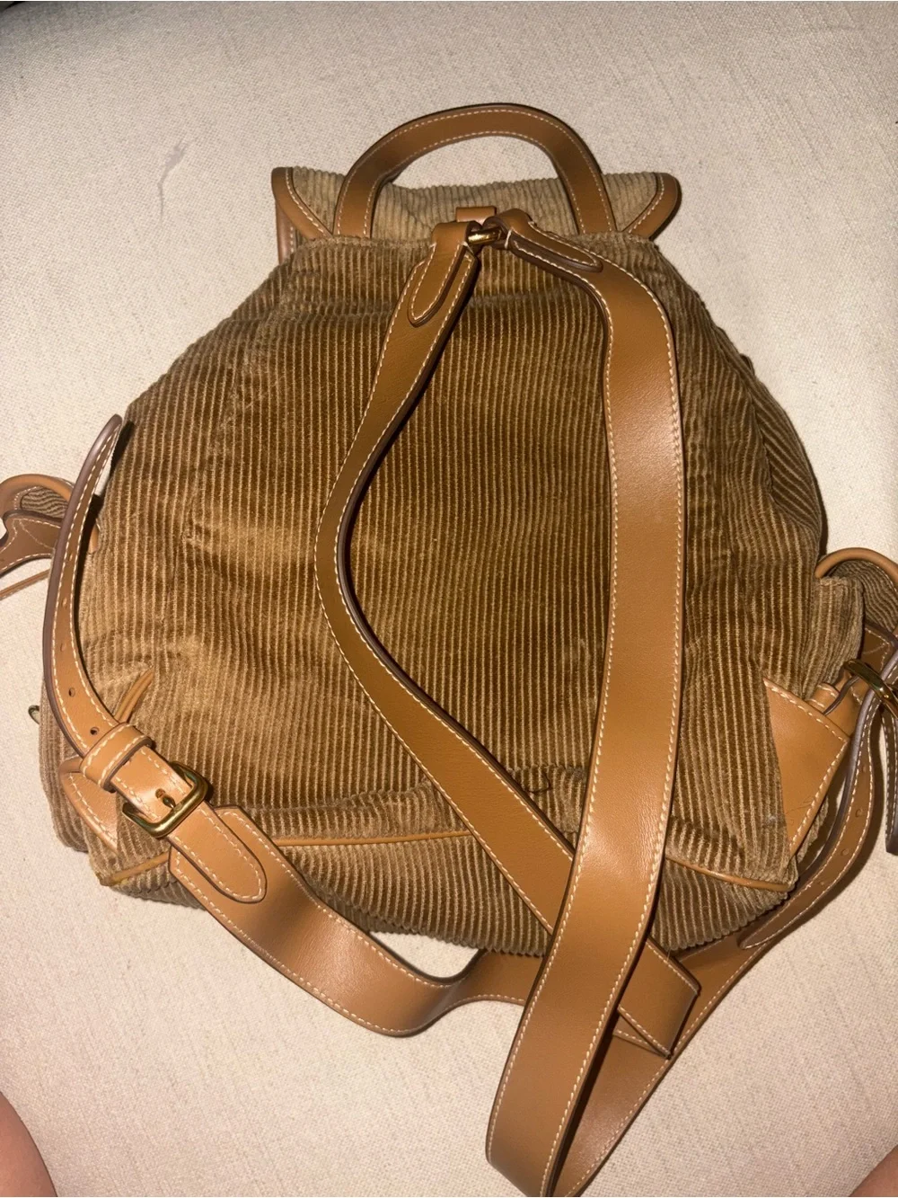 Miu Miu Brown Corduroy Backpack with Tan Leather Trim